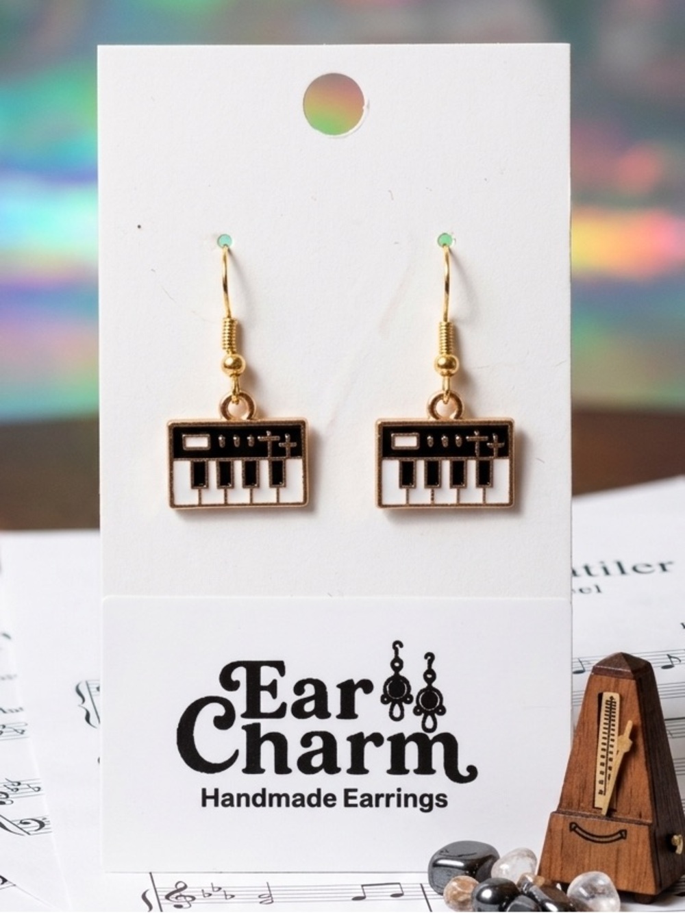 New Black and White Enamel Piano Keyboard  Gold Dangle Earrings